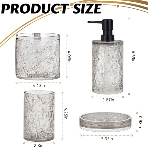RQYIXI Resin 4-Piece Bathroom Accessories Set, Silver Crackle, Shatterproof | bathroom accessories set clear resin silver ice crackle texture shatterproof unbreakable modern countertop organization - size: 4pcs
