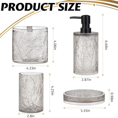 RQYIXI Resin 4-Piece Bathroom Accessories Set, Silver Crackle, Shatterproof | bathroom accessories set clear resin silver ice crackle texture shatterproof unbreakable modern countertop organization - size: 4pcs