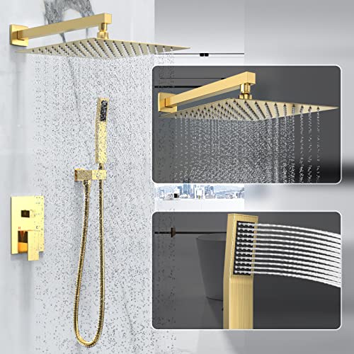 Brushed Gold Rain Shower System Faucet Set with Handheld, 12 inch | Solid Metal Wall Mount Rainfall Shower Set with Safe Anti-Scald Valve, Air Injection High Pressure Water Saving Combo - color: Brushed Gold, style: 12in without Tub spout