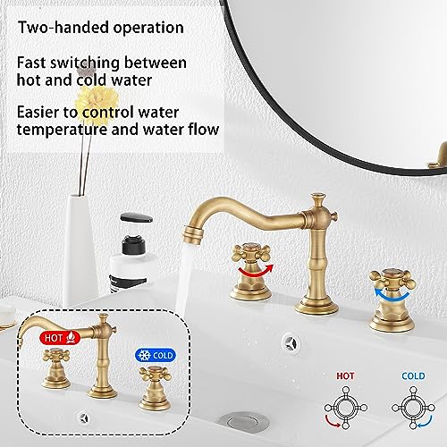 8 inch 2 Handles 3 Holes Widespread Bathroom Sink Faucet Antique Brass Bathroom Vanity Faucet Basin Mixer Tap Faucet Matching Metal Pop Up Drain with Overflow - color: Antique Brass, style: Metal Cover