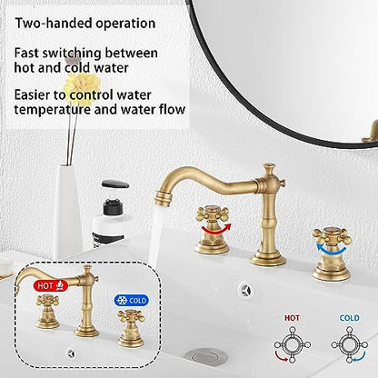 8 inch 2 Handles 3 Holes Widespread Bathroom Sink Faucet Antique Brass Bathroom Vanity Faucet Basin Mixer Tap Faucet Matching Metal Pop Up Drain with Overflow - color: Antique Brass, style: Metal Cover