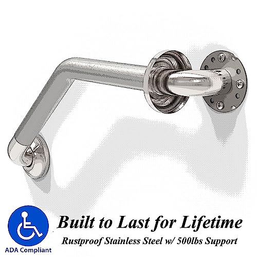 1-1/4 x 16 Stainless Steel Angled Grab Bar with Anti-Slip Peened Grip for Bathtubs, Shower & Toilet, ADA Compliant, Stud Mount 500lbs Support, Brushed Nickel