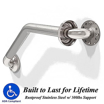1-1/4 x 16 Stainless Steel Angled Grab Bar with Anti-Slip Peened Grip for Bathtubs, Shower & Toilet, ADA Compliant, Stud Mount 500lbs Support, Brushed Nickel