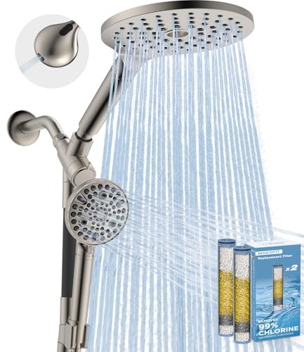 MakeFit Dual Filtered Rain Shower Head Combo, High Pressure Handheld Shower Head with Adjustable Bar - Rainfall Shower Head And Showerhead with Filter for Hard Water - Removes Chlorine(Brushed Nickel) - color: Brushed Nickel, size: 8 Inch Filtered