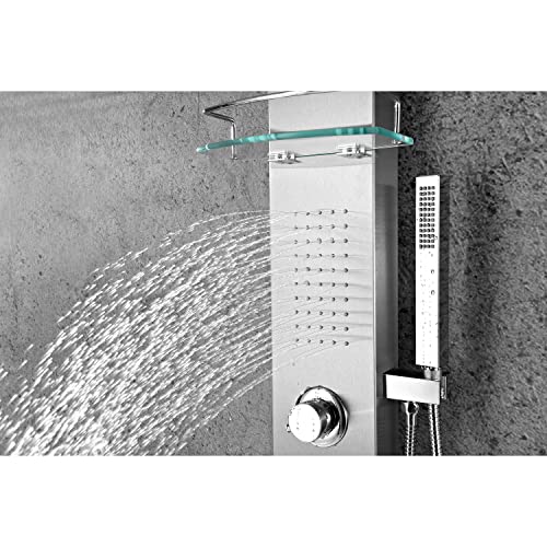 ANZZI Shower Head Panel Tower System | Coastal | Brushed Stainless Steel | Includes One 1 Field Full Body With Dual Level Deco Glass, Free-Reign Euro Grip Handheld Sprayer With 60 In. Hose - color: Brushed Steel, style: 2 Jets