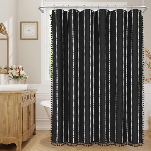 Boho Striped Tassel Linen Shower Curtain,3D Embroidery Stripe Black,60x72 | Wide Tub,310GSM Striped Texture Heavy Duty Cloth,Water Repellent,Weighted Hem,Wrinkle Resistant,Farmhouse Rustic Country - color: Black, size: 60"W x 72"L (Pack of 1)