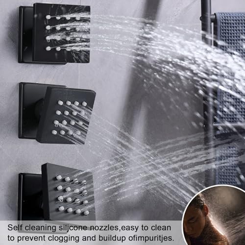 4 Way Thermostatic Shower System Black Shower Faucet Set with 4 Body Jet, Handheld Spray, 12 inch + 8 inch Shower Head - color: Black, size: 12+8" Ceiling Shower