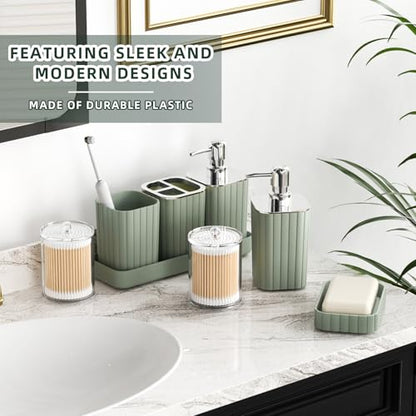 XLHOMO Bathroom Accessories Set - Gorgeous Sage Green Bathroom Set, 10PC Bathroom Accessory Set, Toilet Brush, Trash Can, Qtip Holder Dispenser & Soap Dispenser - size: Bath Set, style: Sage Green&Silver