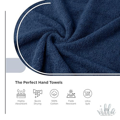 Villa Celestia Cotton Hand Towels Set of 4, 16 x 28, Oeko-TEX Certified, Quick Dry, Navy Blue - color: Navy Blue, size: Hand Towel - Pack of 4