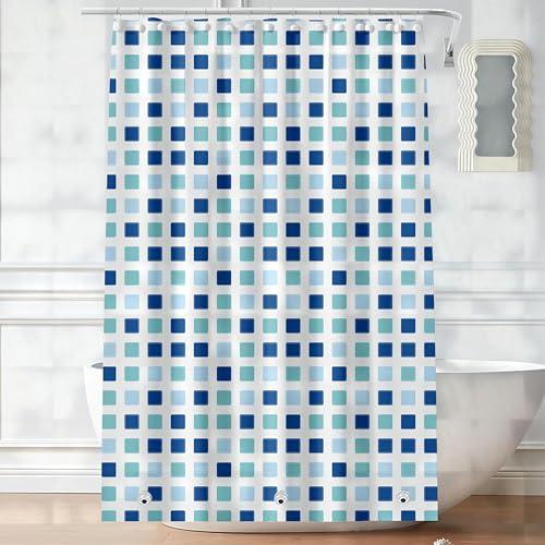 Plastic Shower Liner - Premium PEVA 4G Shower Curtain Liner with Rustproof Grommets and 3 Weighted Magnets, Waterproof Shower Curtains for Bathroom (Blue-Green Square) - color: Blue-green Square, size: 71"W x 71"L (Pack of 1)