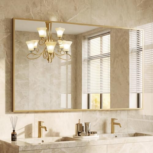 DUMOS Bathroom Mirror for Over Sink, 48"x30" Rectangle Wall Mount Mirror | Modern Vanity Mirrors with Tempered Glass and Metal Frame, Anti-Rust, Horizontal or Vertical for Home Decor, Gold - color: Gold-right Angle, size: 48"L x 30"W