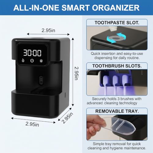 Wall-Mounted Automatic Toothpaste Dispenser, Toothbrush Cleaner with Sensor-Activated Design, Toothbrush Holder with Removable Slots & Smart Display, Toothpaste Dispenser for Kids & Adult (Black2.0) - color: Black2.0