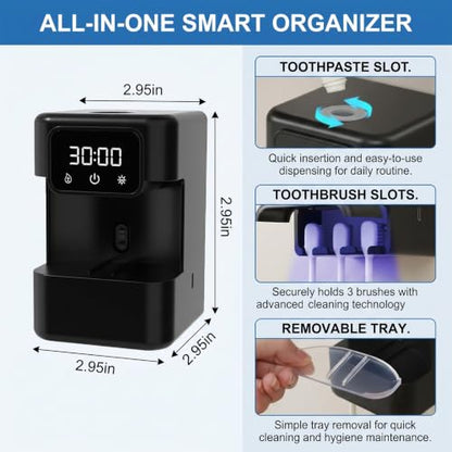 Wall-Mounted Automatic Toothpaste Dispenser, Toothbrush Cleaner with Sensor-Activated Design, Toothbrush Holder with Removable Slots & Smart Display, Toothpaste Dispenser for Kids & Adult (Black2.0) - color: Black2.0