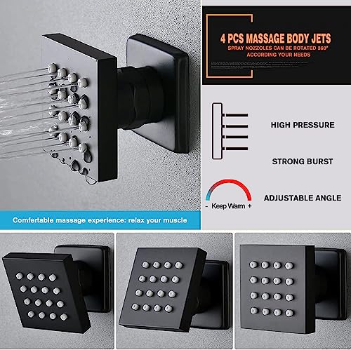 Matte Black Shower Faucet Set with Body Jets 10 Inch Matte Black Shower Head Handheld Shower Combo Set High Pressure Wall Mount with Rough-in Valve - color: Matte Black, style: 10"- 3 Function
