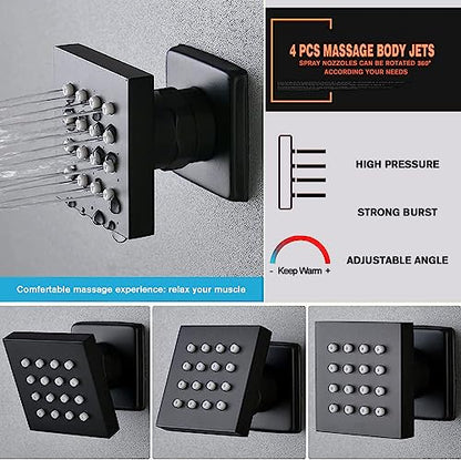Matte Black Shower Faucet Set with Body Jets 10 Inch Matte Black Shower Head Handheld Shower Combo Set High Pressure Wall Mount with Rough-in Valve - color: Matte Black, style: 10"- 3 Function