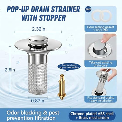 2PCS Bathroom Sink Drain Strainer, Pop-up Stopper Hair Catcher with Stainless Steel Filter Basket, Universal Replacement Drain Plug for Bathroom Sinks