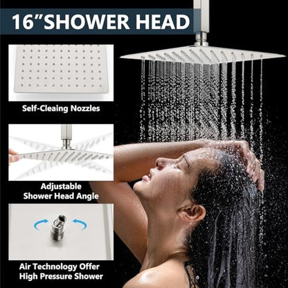 Aolemi Ceiling Mount Shower System Rain Shower Head with Handheld Spray High Pressure Shower Faucet Set Rough-in Valve Shower Trim Kit Included Bathroom Brushed Nickel 16 Inch Ceiling Shower Head - color: Nickel, size: 16 Inch Ceiling Shower Head