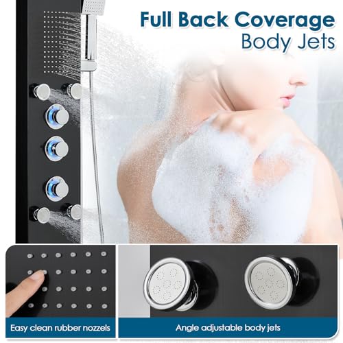 ROVOGO LED Shower Panel Tower With Lights & Digital Display, Water Powered | Rain Mist Shower Head, Handheld, 5 Body Jets, Tub Spout, Hydroelectric Shower Column Stainless Steel W/ Brass Valves, Black - style: 6-Function-Black-Water Powered