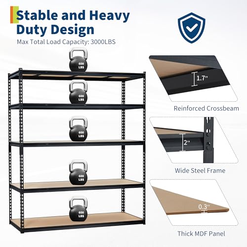 PeakPursuit Storage Shelving Unit, 5-Tier Adjustable Metal Storage Shelves, 60" L x 24" W x 72" H Heavy Duty Garage Storage Shelves for Kitchen Pantry Basement Bathroom Laundry - size: 60" L x 24" W x 72" H