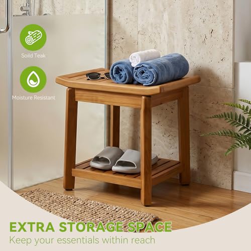 Teak Shower Stool 17" for Inside Shower, HeavyDuty Shower Bench Seat | Non-Slip Shower Stool with Storage Shelf, Waterproof Shower Chair for Seniors & Post Surgery, Safe Bathing & Everyday Comfort - size: 17"-Comfort+