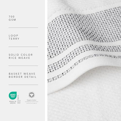 Texere 100% Organic Cotton Rice Weave Jacquard 700 GSM Luxury Bath Towel Sets - 2 Large Bath Towels, 2 Hand Towels, 2 Washcloths (Rice Weave, BRT Wht w/Blk, 6 Piece) - color: Bright White W/ Black Contrast (Rice Weave)