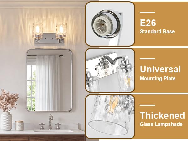 2-Light Bathroom Light Fixtures Modern Chrome Vanity Lights | Easy to Install Clear Hammered Glass Shades, Rippled Glow, Wall Mount Up or Down, E26 Socket, Hardwired, 120V - color: Chrome Hammer, size: 2 Lights