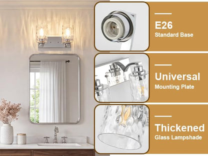 2-Light Bathroom Light Fixtures Modern Chrome Vanity Lights | Easy to Install Clear Hammered Glass Shades, Rippled Glow, Wall Mount Up or Down, E26 Socket, Hardwired, 120V - color: Chrome Hammer, size: 2 Lights