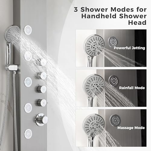 DELAVIN Stainless Steel Shower Tower, Multi Function Shower Panel Tower | Rainfall Waterfal, Full Body Shower System with Body Jets and Handheld Shower, Brushed Nickel, Solution for Rental Properties - style: 5 Body Jets