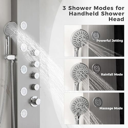 DELAVIN Stainless Steel Shower Tower, Multi Function Shower Panel Tower | Rainfall Waterfal, Full Body Shower System with Body Jets and Handheld Shower, Brushed Nickel, Solution for Rental Properties - style: 5 Body Jets
