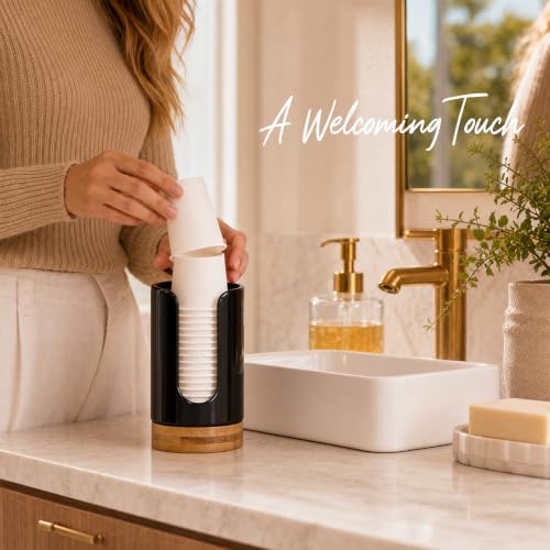 Ceramic Bathroom Cup Holder, 3-5 oz Cup Dispenser, Black | Disposable Paper & Plastic Bathroom Cups Holder - Mouthwash Cups Dispenser for Bathroom, Guest Toiletries, Countertop, Coffee - color: Black