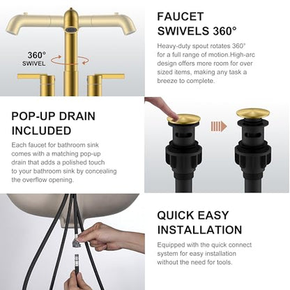 Pull Down Centerset Bathroom Faucet Brushed Gold 2 Handle 3 Hole | Pull Out Bathroom Faucet with Pop Up Drain & Supply Lines, Lead-Free cUPC & NSF Certified, 4 Inch Faucet for Vanity RV Sink - color: Brushed Gold