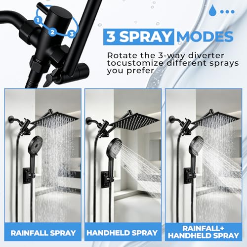 Shower Head, 8 inch Multifunction High Pressure Rain Shower Head with Handheld Spray Combo with 11'' Angle Adjustable Extension Arm/Flow Regulator/Shower System Matte Black - color: Black, size: 8 Inch