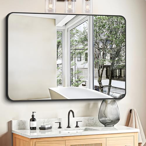 FORBATH Bathroom Mirror 30" X 40", Large Rectangular Wall Mirror, Black Metal Framed Rounded Corner Wall Mounted Mirror for Bathroom Bedroom Entryway Decor(Horizontal/Vertical) - color: Black, size: 40"L x 30"W
