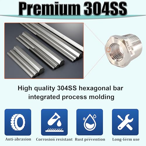 1/2" NPT Male to 1/4" NPT Female Hex Bushing Reducer, 304 Stainless Steel NPT Reducing Adapter Pipe Fitting, Heavy Duty Pipe Hex Bushing for Reducing Pipe (1/2” MNPT x 1/4” FNPT)