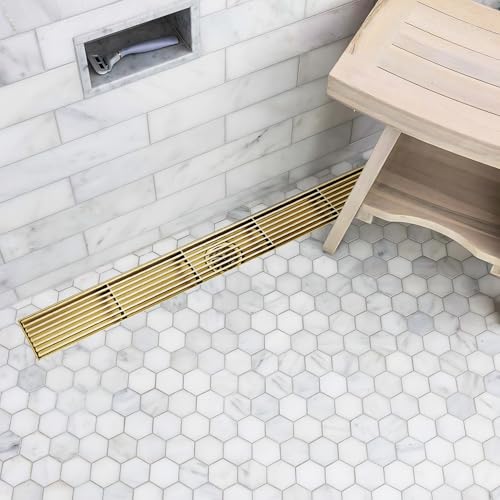 Linear Shower Drain, 24 inch Brushed Gold | Including Hair Catcher and Removable Grate, 304 Stainless Steel, Easy to Install and Clean (Drain Base Not Included) - color: Brushed Gold, size: 24 inch