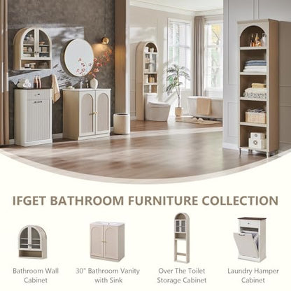 IFGET Bathroom Arched Wall Cabinet, 23.6'' Wide Medicine Cabinet with Adjustable Shelves & Acrylic Glass Doors, Over The Toilet Storage Wall Mount Cabinet for Laundry Room,Kitchen & Living Room, Cream - color: Cream