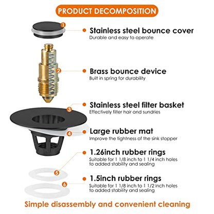 Universal Bathroom Sink Stopper, Basin Pop-up Bathroom Sink Drain Strainer, Bathroom Drain Stopper with Stainless Steel Hair Catcher for 1.1-1.5 Inch Drain(1 PCS, Black) - color: Matte Black