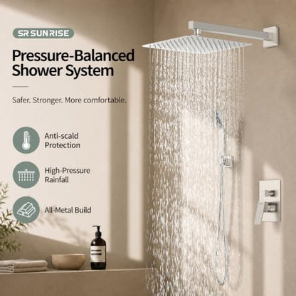 SR SUN RISE 12 Inches Bathroom Luxury Rain Mixer Shower Combo Set Wall Mounted Rainfall Shower Head System Brushed Nickel Finish Shower Faucet Rough-In - color: Brushed Nickel, size: 12 Inch