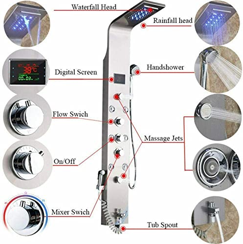 Shower Panel Tower System Stainless Steel LED Rainproof and Waterfall Massage Body Jets