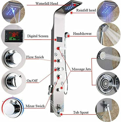 Shower Panel Tower System Stainless Steel LED Rainproof and Waterfall Massage Body Jets