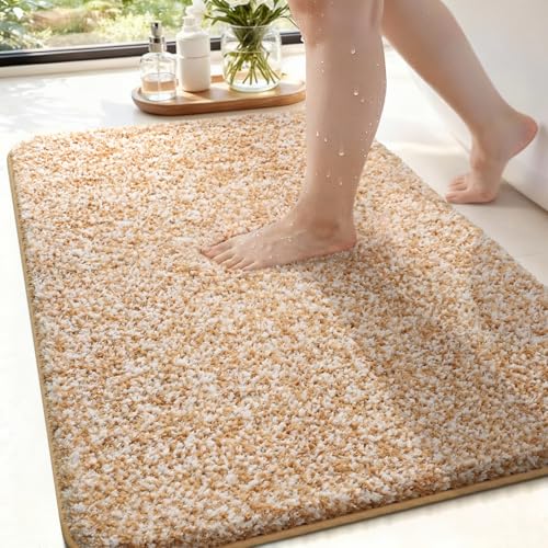 Bathroom Rugs 24x17,Super Absorbent Microfiber Bath Mat,Light Camel/White | Non-Slip Shower Rug with TPR Backing, Thick Plush Machine Washable Bathtub Carpet for Bathrooms Decor - color: Light Camel/White, size: 24" X 17"