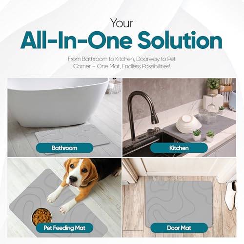 HALAS Stone Bath Mat- Diatomaceous Earth Bath Mats for Bathroom- Diatomite Bath Mat Stone Drying Mat for Kitchen Counter- Super Absorbent/Quick Dry Bathmat- Easy to Clean (24”x16” Grey)