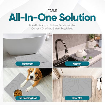 HALAS Stone Bath Mat- Diatomaceous Earth Bath Mats for Bathroom- Diatomite Bath Mat Stone Drying Mat for Kitchen Counter- Super Absorbent/Quick Dry Bathmat- Easy to Clean (24”x16” Grey)