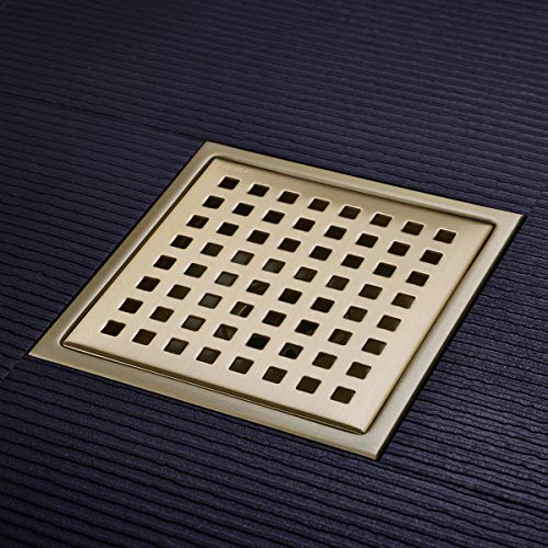 6 inch Stainless Steel Square Shower Floor Drain with Threaded Adapter, Removable Cover Grid Grate, Brushed Gold Brass Finished - color: Brushed Gold