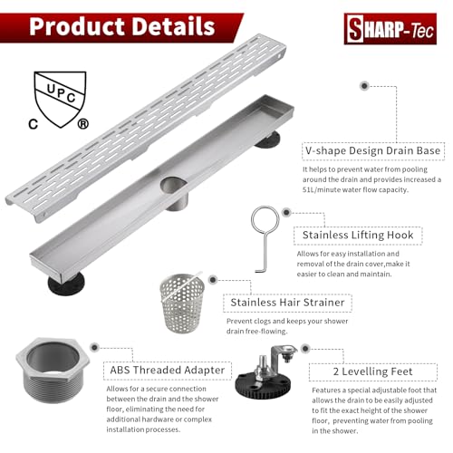 Sharp-tec Shower Drain, 24 inch Linear Shower Drain, Brushed 304 Stainless Steel Rectangular Shower Floor Drain with Adjustable Leveling Feet, Hair Strainer, cUPC Certified, ST-096-24S - color: Brushed Nickel, size: 24 inch
