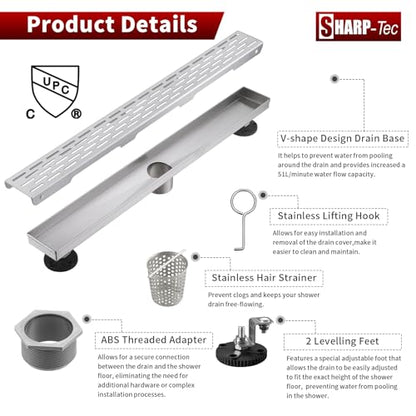 Sharp-tec Shower Drain, 24 inch Linear Shower Drain, Brushed 304 Stainless Steel Rectangular Shower Floor Drain with Adjustable Leveling Feet, Hair Strainer, cUPC Certified, ST-096-24S - color: Brushed Nickel, size: 24 inch