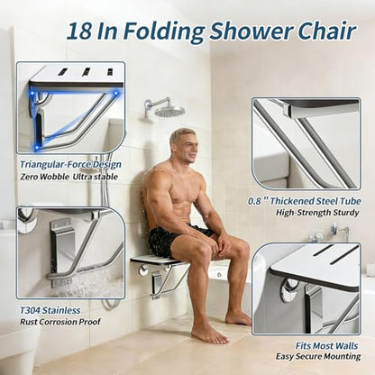18" Foldable Wall Mounted Fold Down Shower Seat, ADA Compliant Folding Shower Bench with Phenolic Resin Surface No Peeling No Cracking, Triangular Stainless Steel Frame, 420lbs Capacit