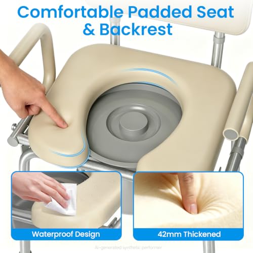 HOMLAND Drop Arm Bedside Commode Toilet with Padded Seat & Backrest, 300LB | Adjustable Height, Easy Side Transfer, Portable Toilet for Seniors and Adults, 6.3QT Bucket, Tool-free Assembly Potty Chair