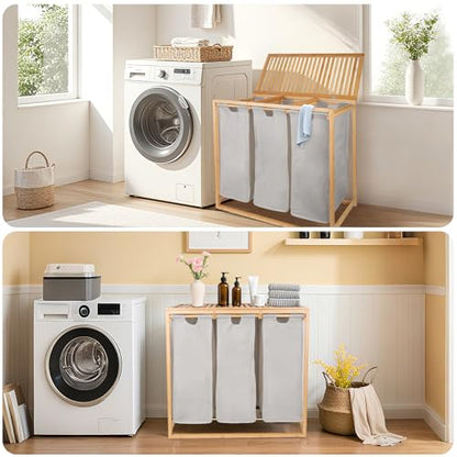 Bamboo Laundry Hamper 3 Section with Lid, 150 L Laundry Sorter with Pull-Out Removable Washable Bags, 3 × 12.5 Gal Divided Laundry Baskets for Laundry Room, Bathroom (Gray)
