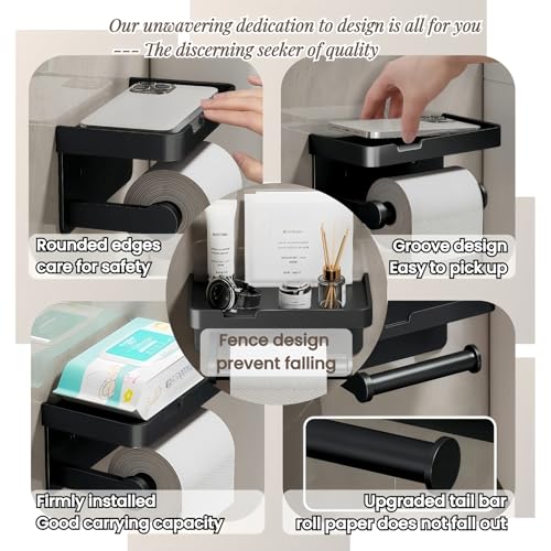 Adhesive Toilet Paper Holder and 2 Metal Hooks Combo - Rustproof Aluminum with Extra Adhesive Pads for Easy Replacement of Positions,Matte Black Toilet Paper Holder with Shelf(Wall Mount)